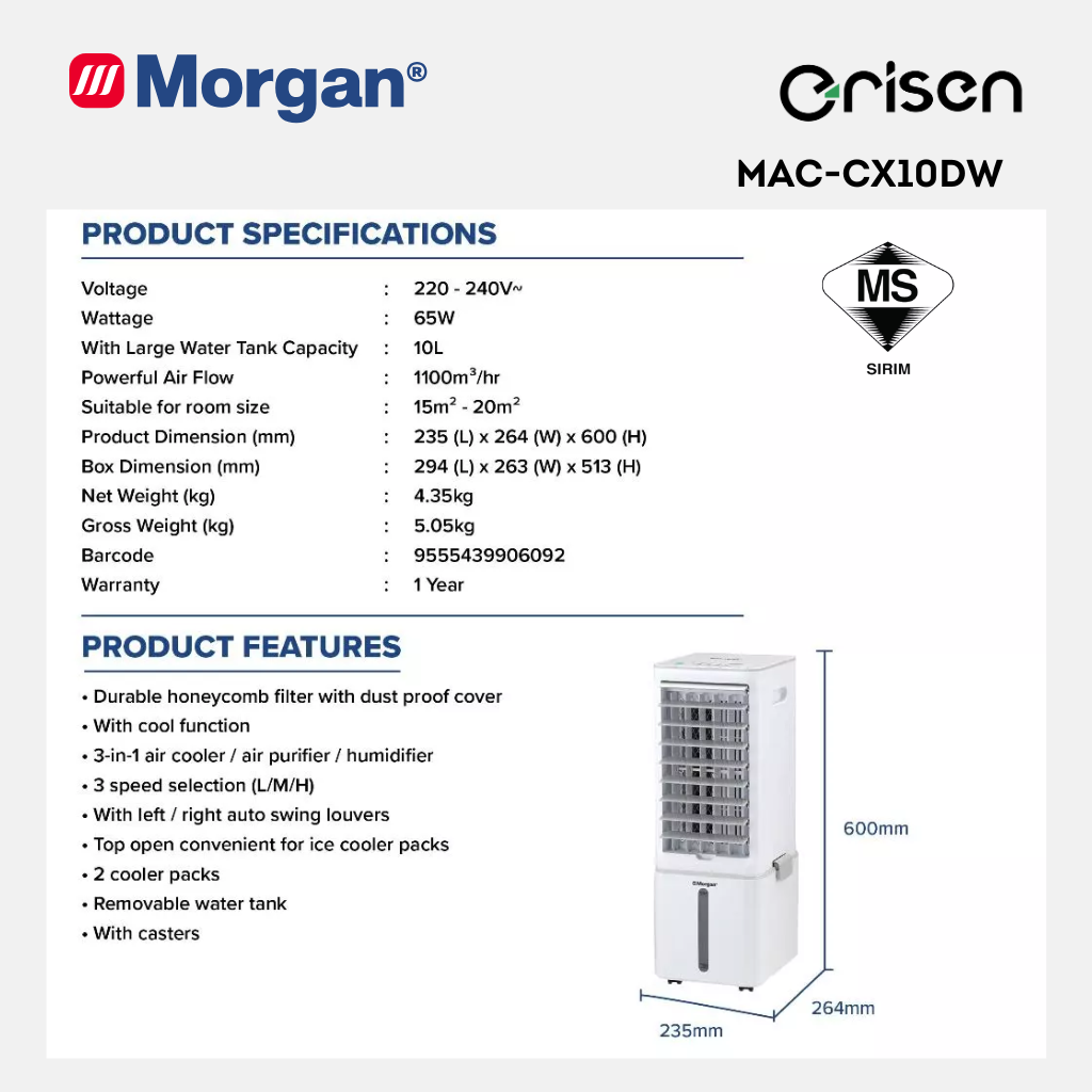 Morgan 3 In 1 Portable Air Cooler (10L) MAC-CX10DW