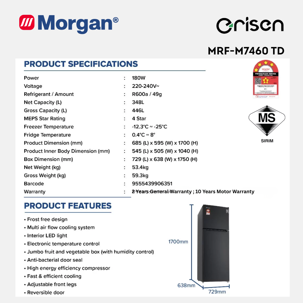 Morgan Two Door Refrigerator (446L) MRF-M7460 TD
