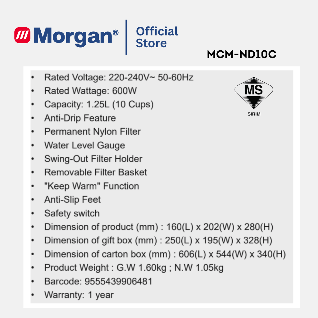 Morgan Coffee Maker With Keep Warm Function (1.25L) MCM-ND10C