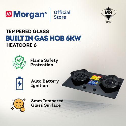 BUILT IN HOB GLASS 2BURNER 6KW HEATCORE 6
