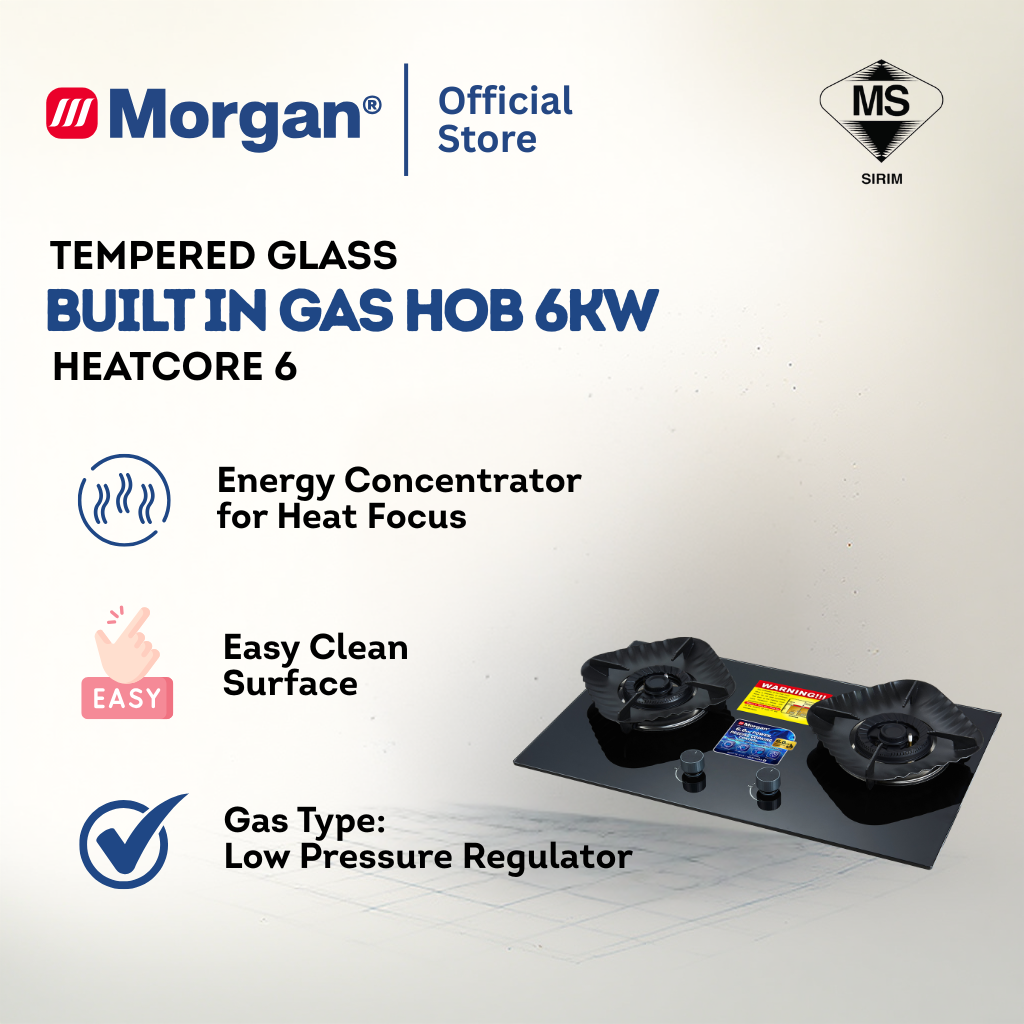 BUILT IN HOB GLASS 2BURNER 6KW HEATCORE 6