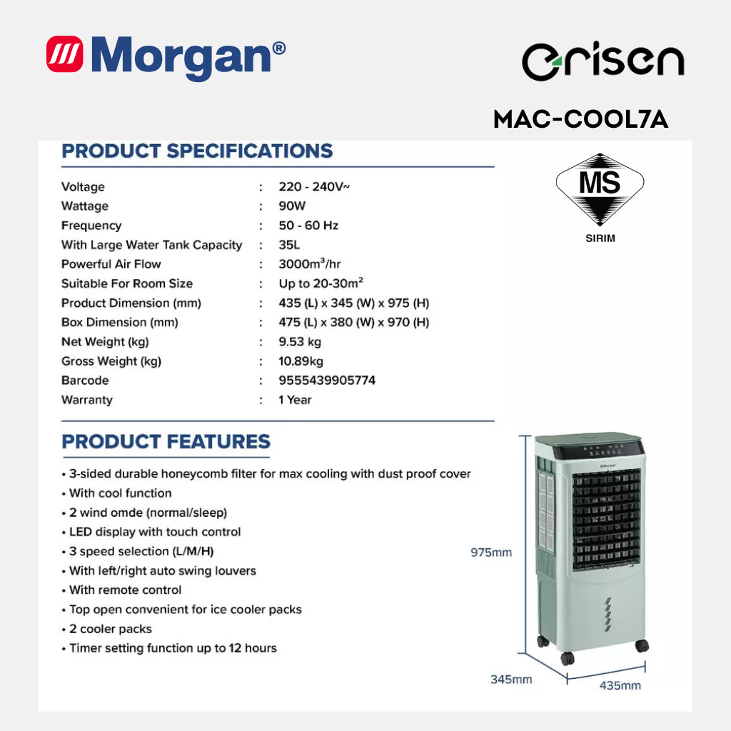 Morgan 3-Speed Portable Air Cooler with Timer Setting Function MAC-COOL 7A
