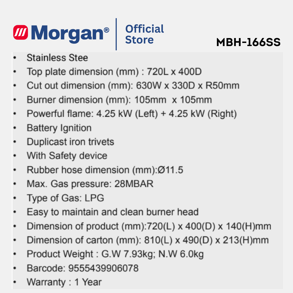 Morgan 2 Burner Stainless Steel Built-in Gas Hob MBH-166SS