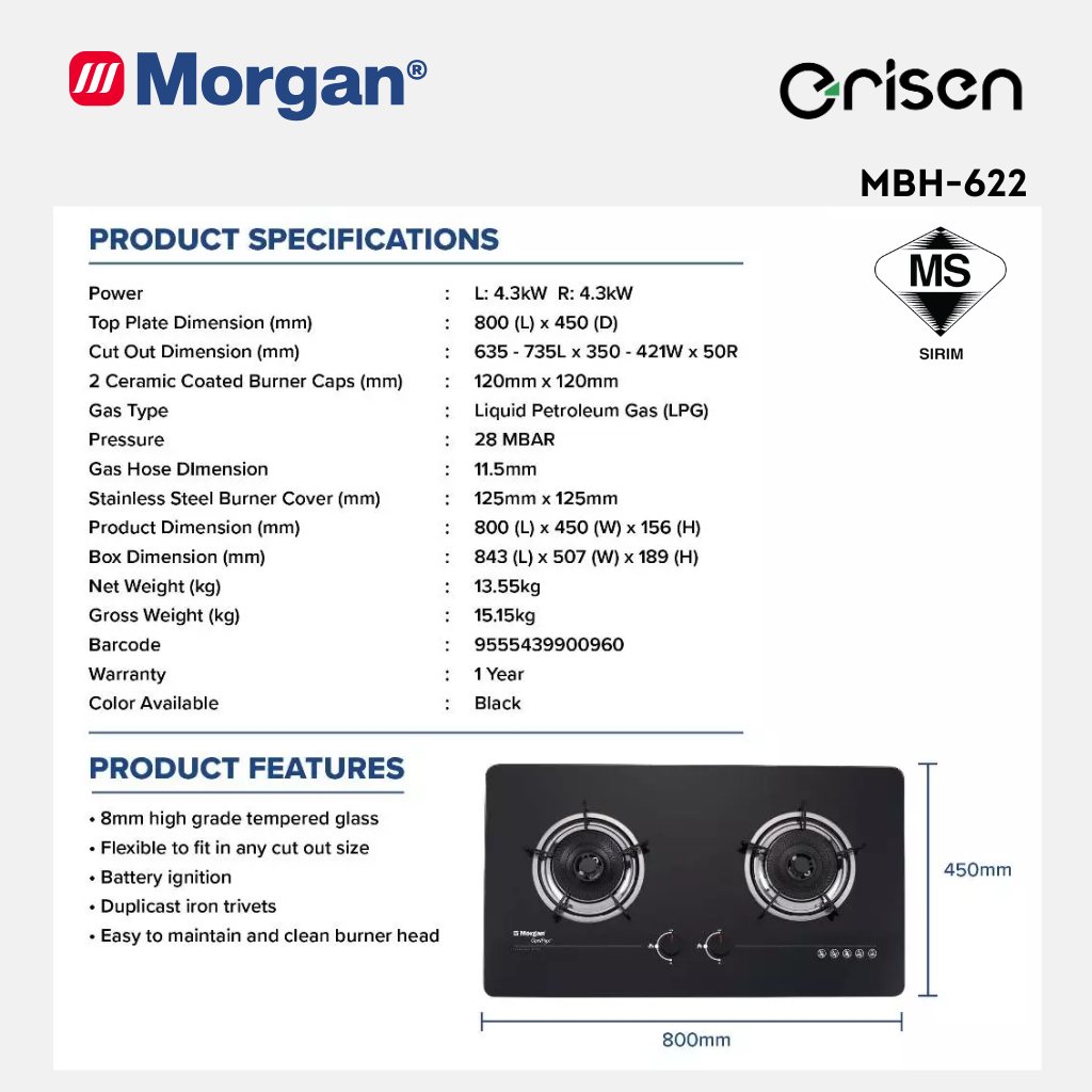 Morgan Built-In Hob Glass 2 Burner MBH-622 Optiflex