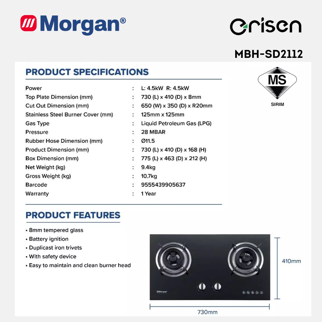 Morgan Built-In Hob Glass 2 Gas Burner MBH-SD2112