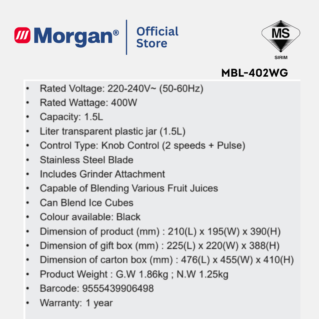 Morgan Blender With Grinder (1.5L) MBL-402WG