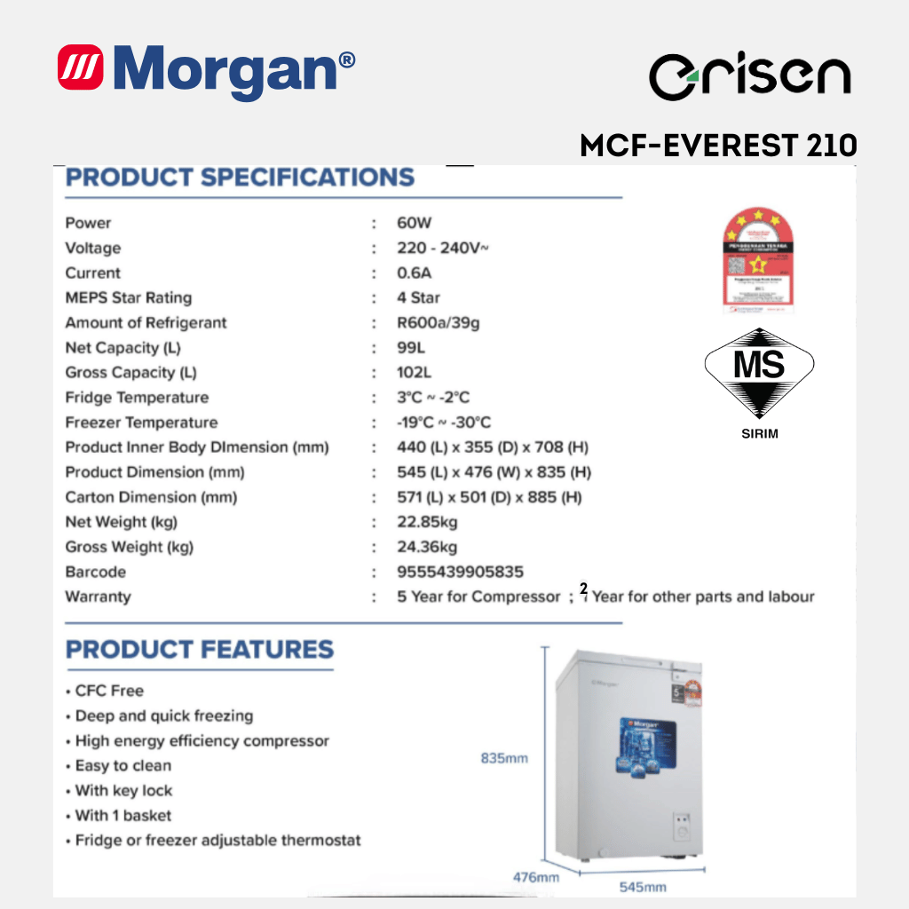 Morgan Chest Freezer (102L) MCF-EVEREST-210 | 4 Star | Black Colour