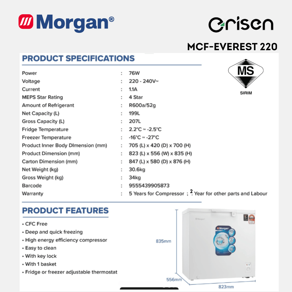 Morgan Chest Freezer (207L) MCF-EVEREST-220 | 4 STAR | BLACK COLOUR