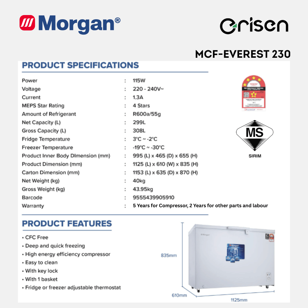 Morgan Chest Freezer (308L) MCF-EVEREST 230 | 4 STAR | BLACK COLOUR