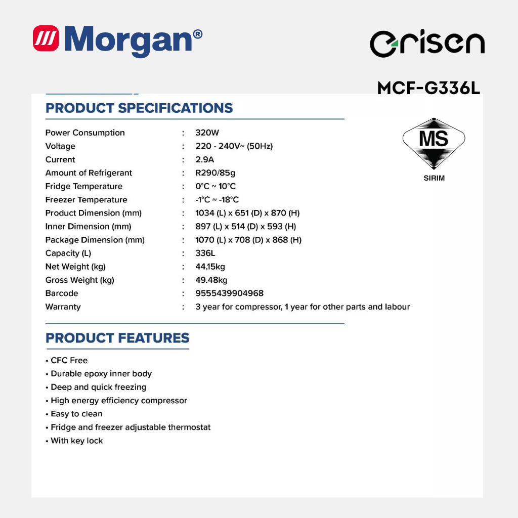 Morgan Chest Freezer with Lockable Sliding Glass Door (336L) MCF-G336L