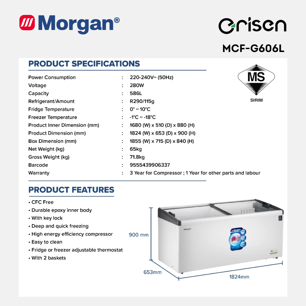 Morgan Chest Freezer With Lockable Sliding Glass Door (586L) MCF-G606L