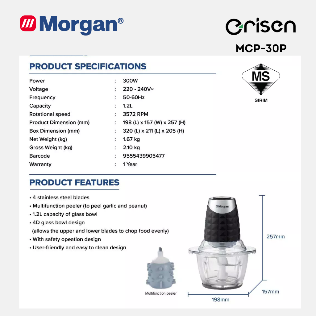 Morgan MCP-30P Multifunctional Food Processor with Free Garlic Peeler