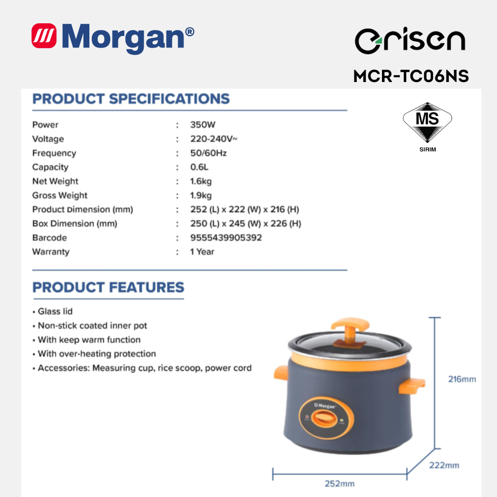 Morgan Non-Stick Rice Cooker with Over-Heating Protection (0.6L) [Free Measuring Cup & Rice Scoop] MRC-TC06NS