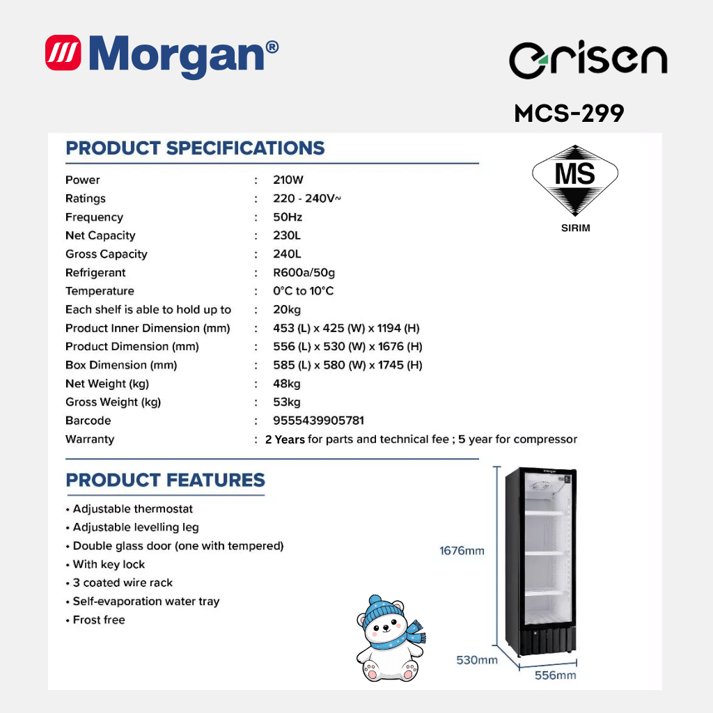Morgan Chiller Showcase Door Display Fridge (240L) MCS-299