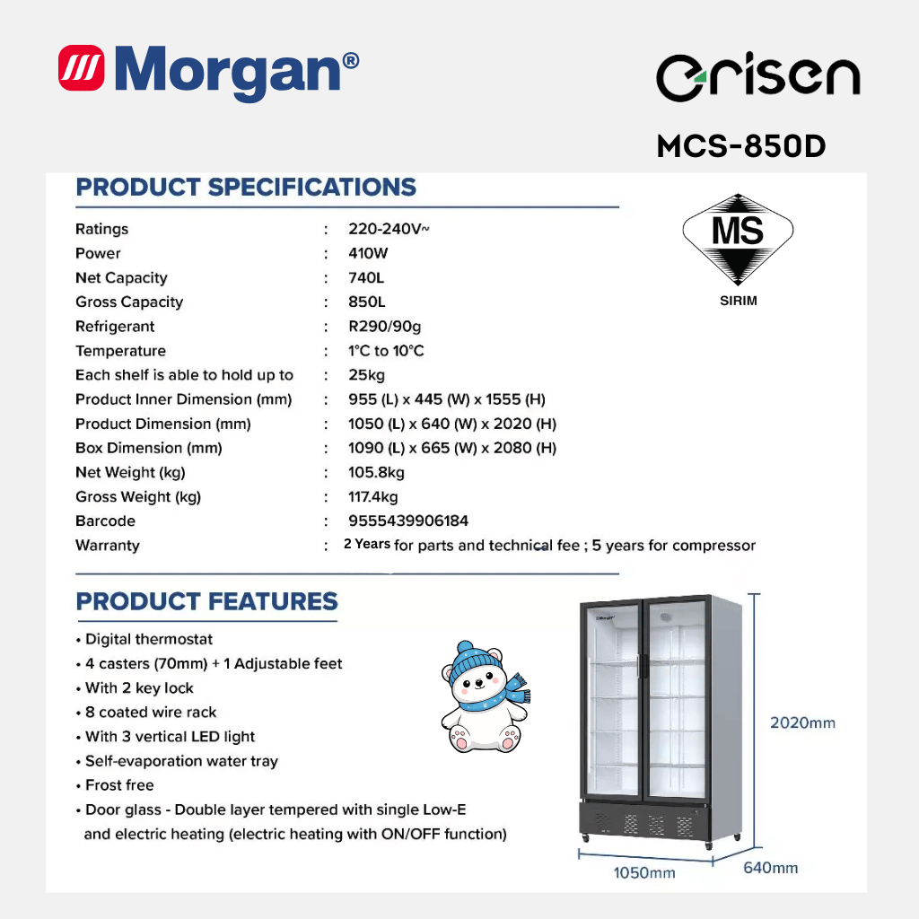 Morgan Double Door Chiller Showcase (850L) MCS-850D