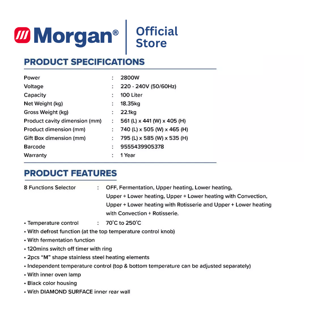 Morgan Multifunctional Electric Oven with Independent Temp Control Function (100L) MEO-GLAMO 100RC