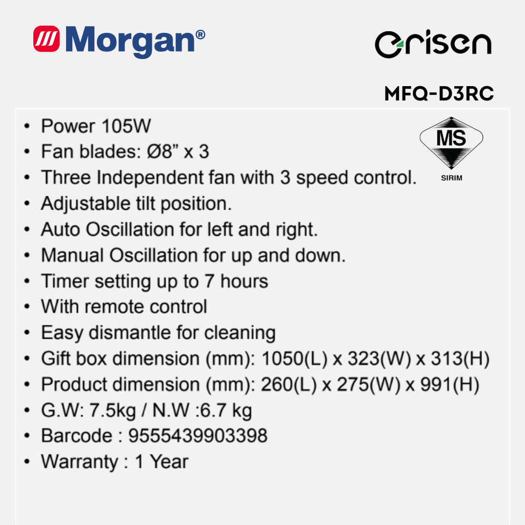 Morgan Air Circulation Fan MFQ-D3RC