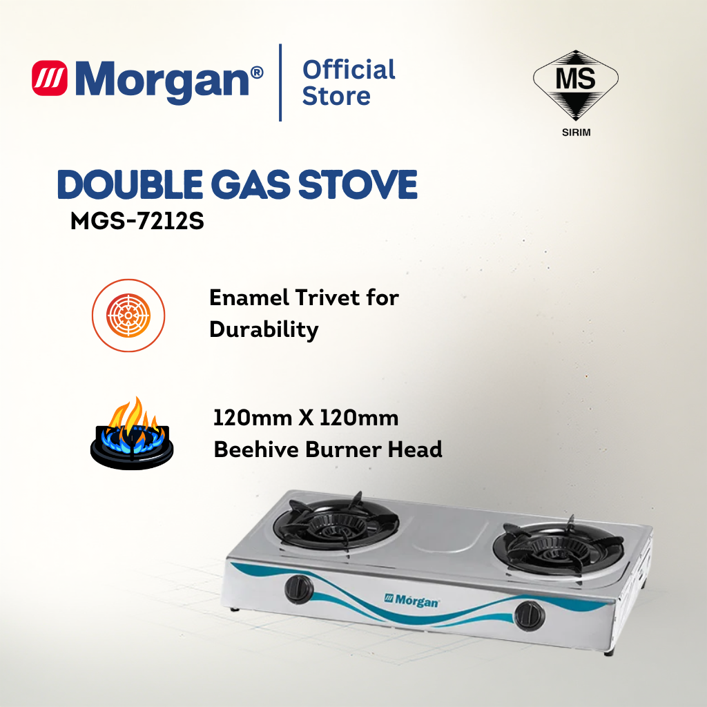 Morgan Stainless Steel 2 Hob Gas Stove with Piezo Ignition & Double Pipe (120mm x 120mm) MGS-7212S