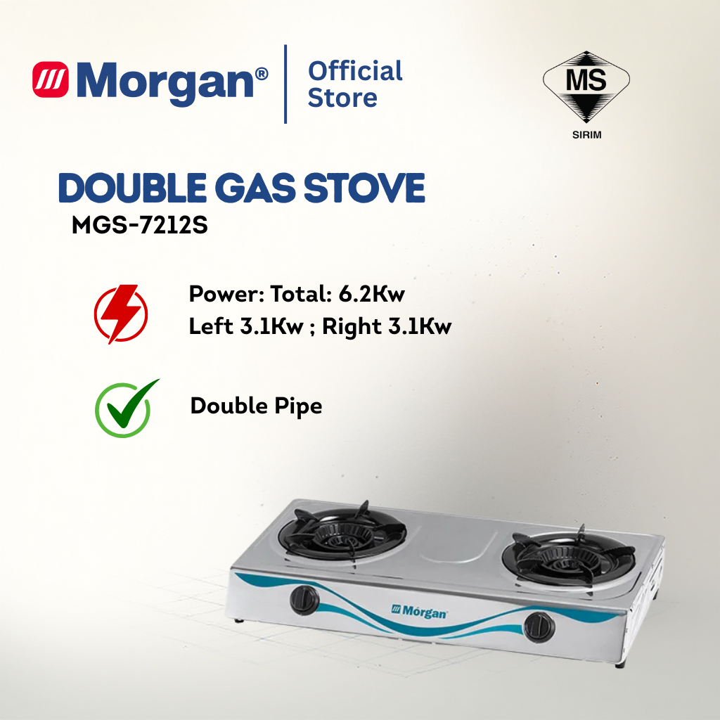 Morgan Stainless Steel 2 Hob Gas Stove with Piezo Ignition & Double Pipe (120mm x 120mm) MGS-7212S