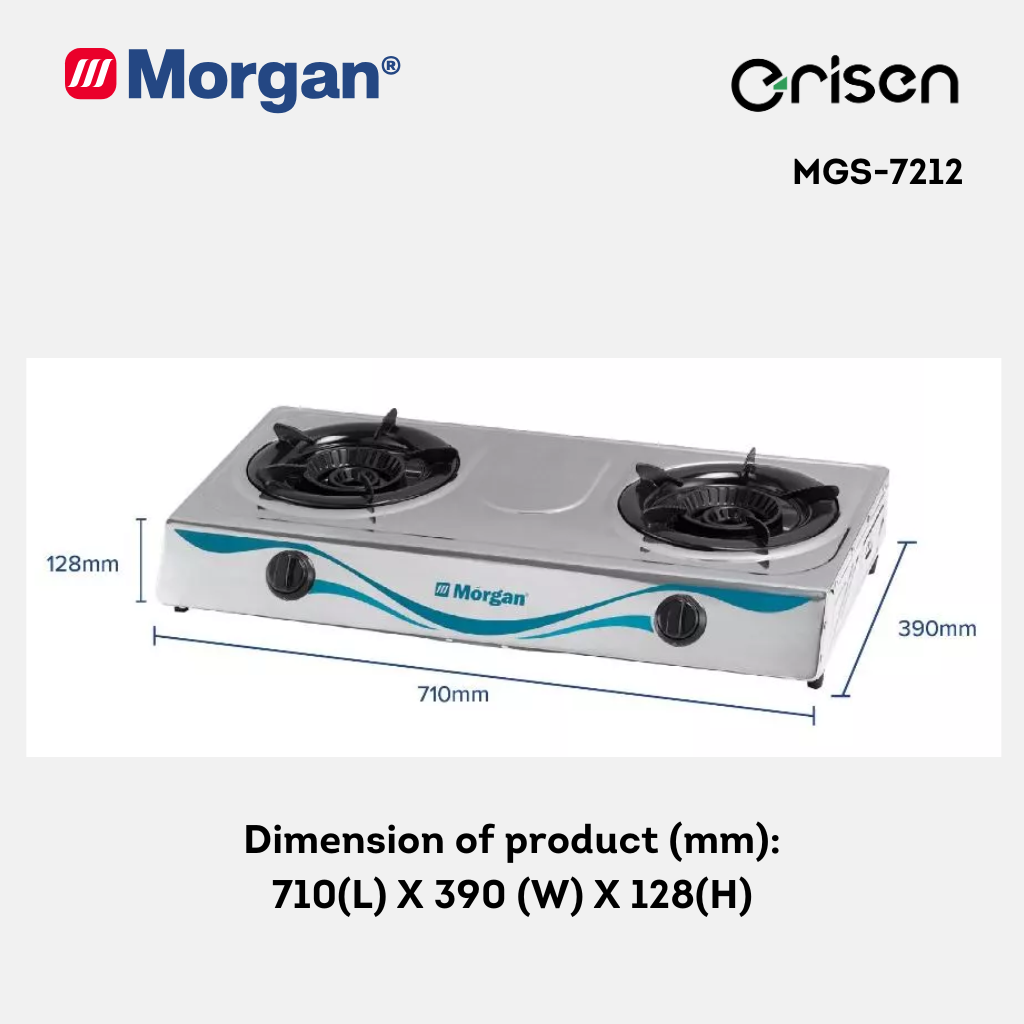 Morgan Stainless Steel 2 Hob Gas Stove with Piezo Ignition & Double Pipe (120mm x 120mm) MGS-7212S