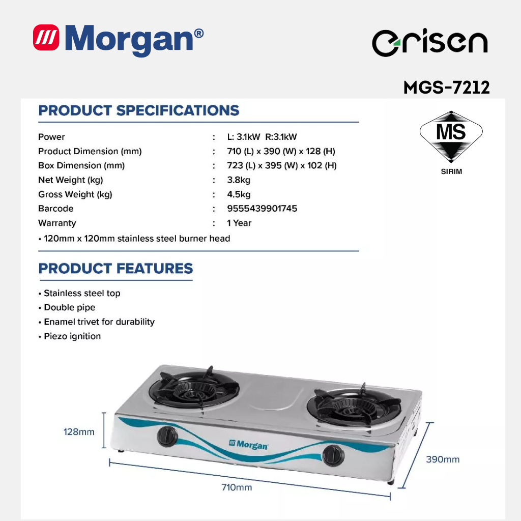 Morgan Stainless Steel 2 Hob Gas Stove with Piezo Ignition & Double Pipe (120mm x 120mm) MGS-7212S