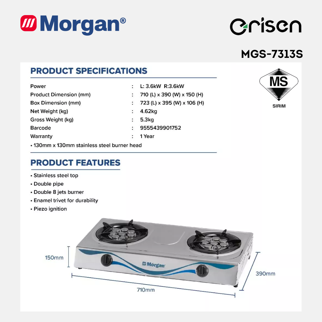 Morgan Stainless Steel Gas Stove with Piezo Ignition (130mm x 130mm) MGS-7313S