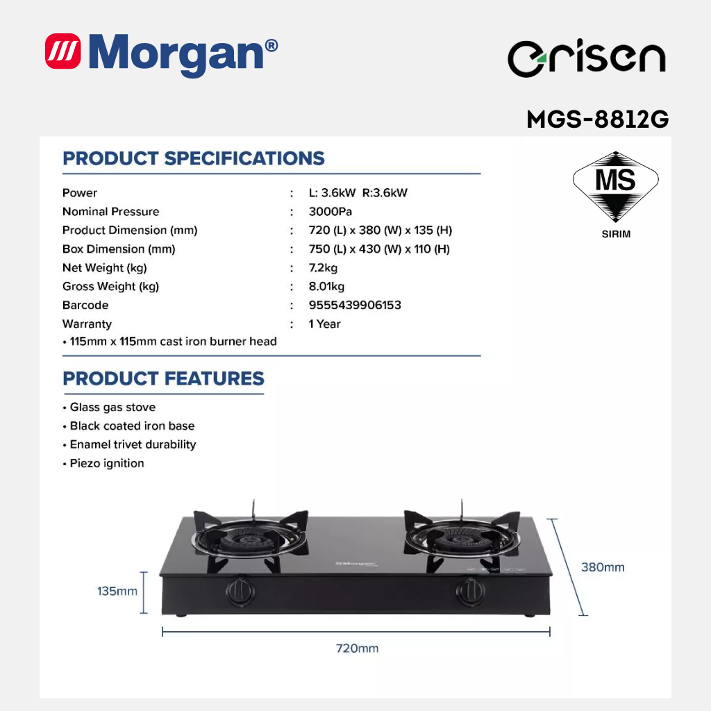 Morgan Gas Stove (115mm x 115mm) MGS-8812G