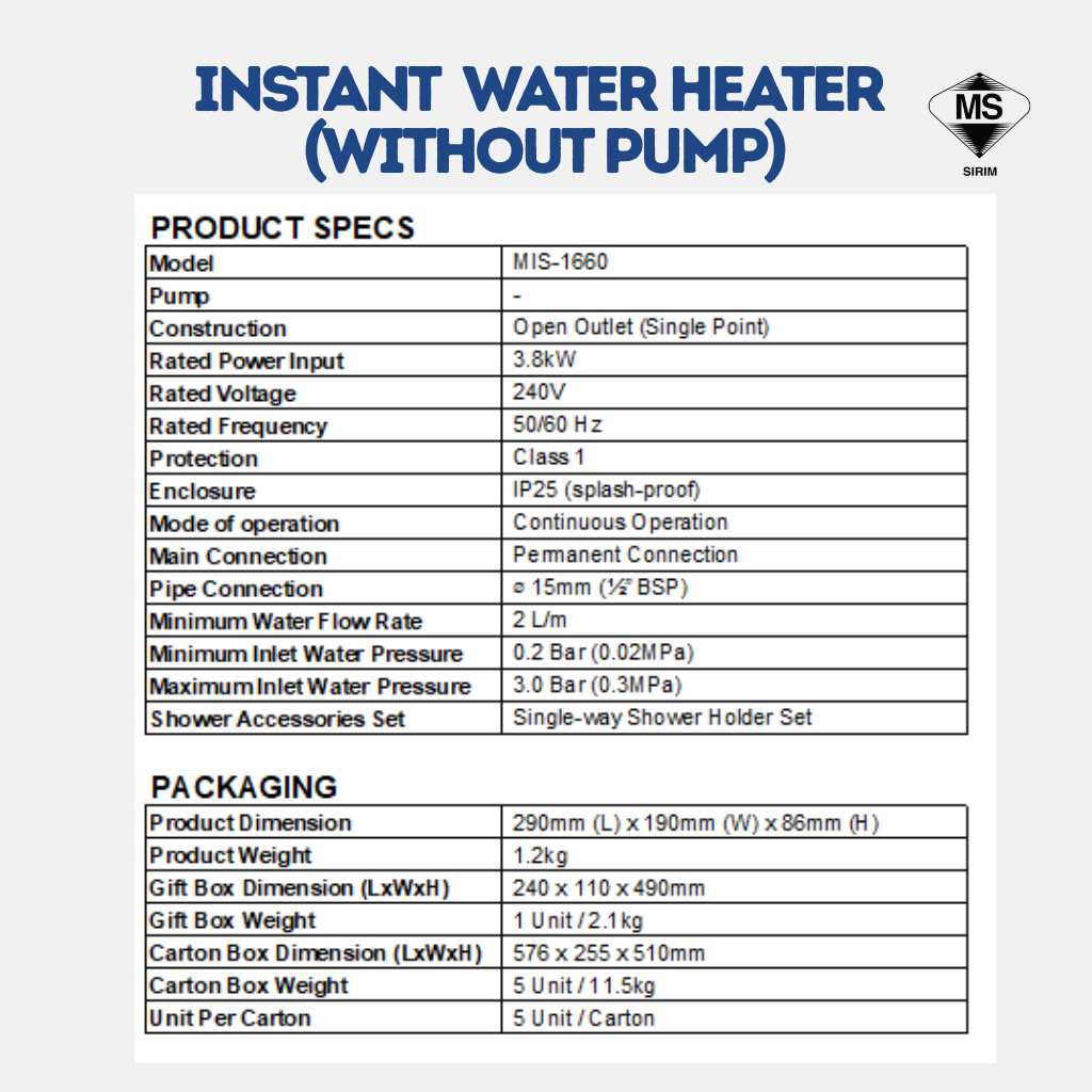 Morgan Instant Water Heater MIS-1660