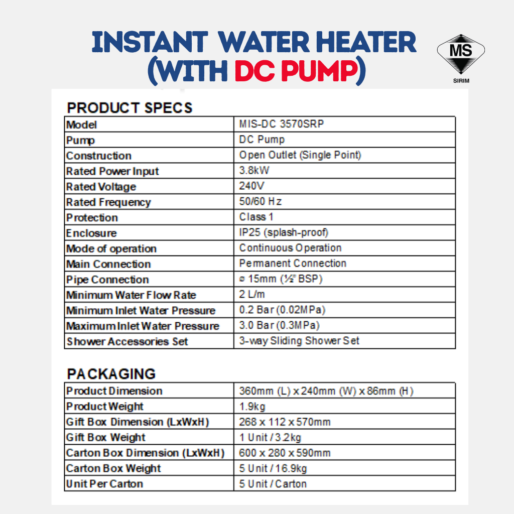 Morgan Instant Water Heater DC PUMP MIS-DC3570 SRP