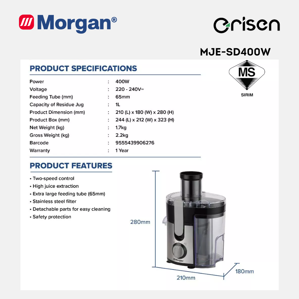 Morgan 2-Speed Juice Extractor with Stainless Steel Filter (1L) MJE-SD400W