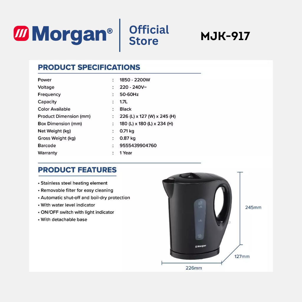 Morgan Jug Kettle (1.7L) MJK-917 | BPA FREE