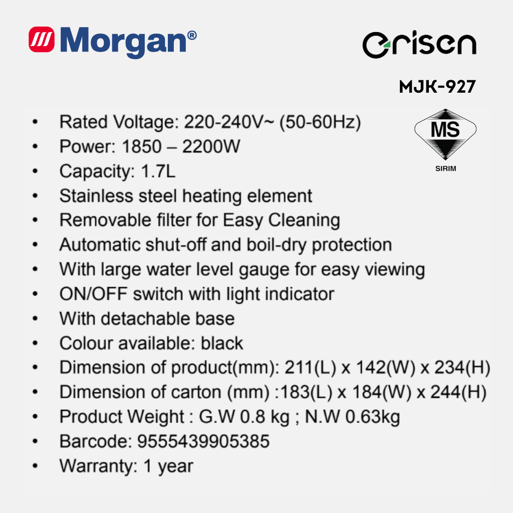 Morgan Jug Kettle Stainless Steel Heating Element (1.7L) MJK-927
