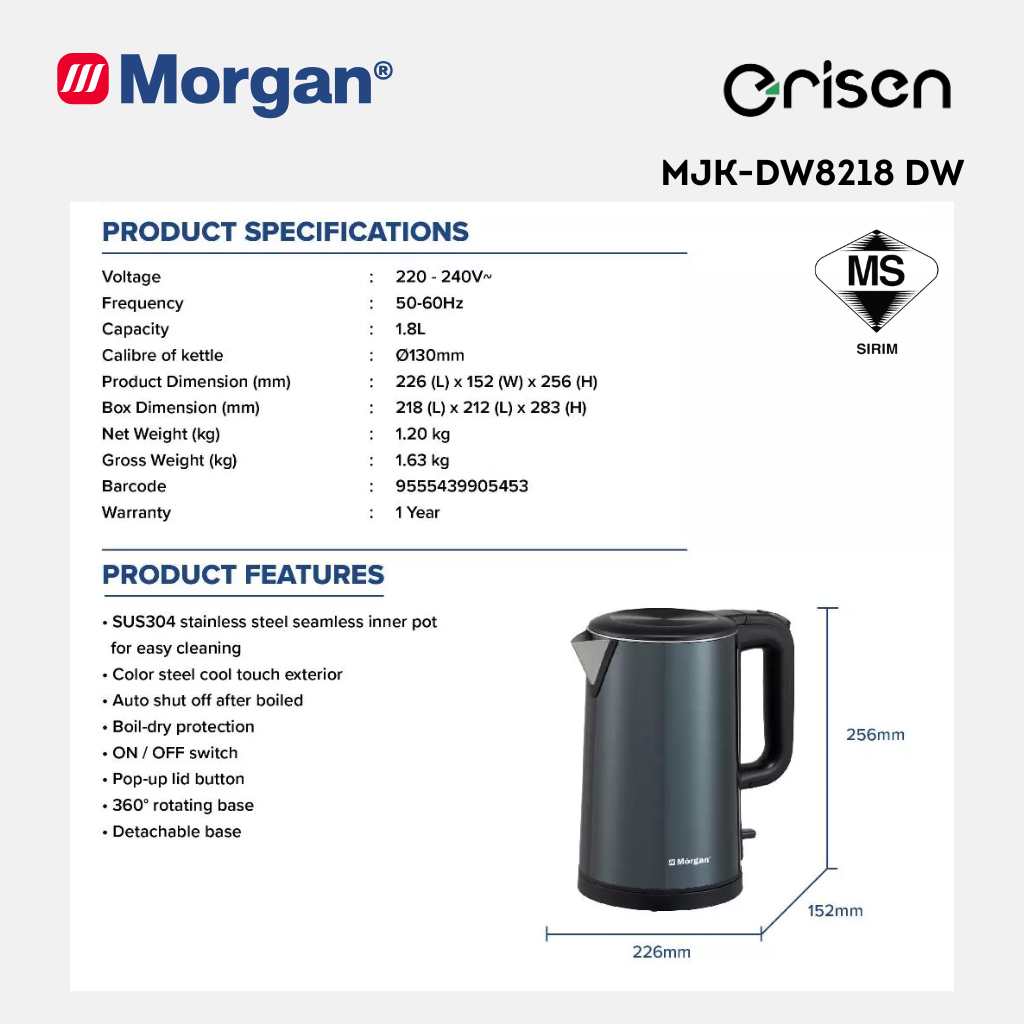 Morgan Double Wall Stainless Steel Jug Kettle (1.8L) MJK-DW8218