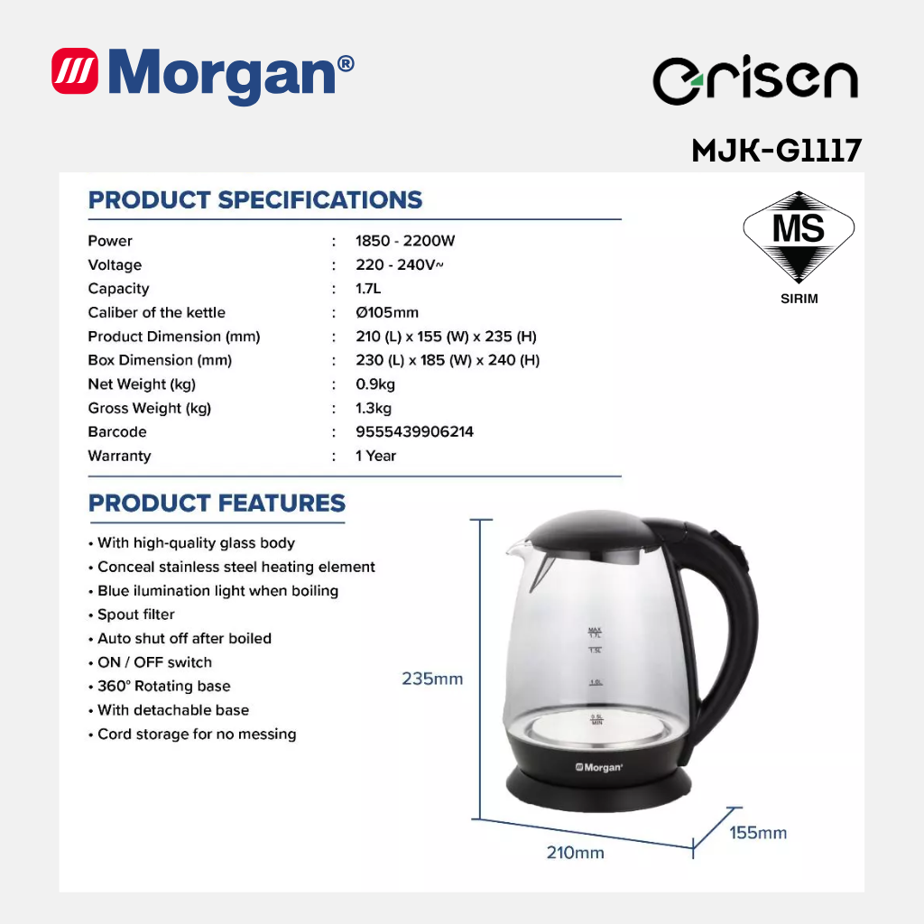 Morgan Thick Glass Jug Kettle (1.7L ) MJK-G1117