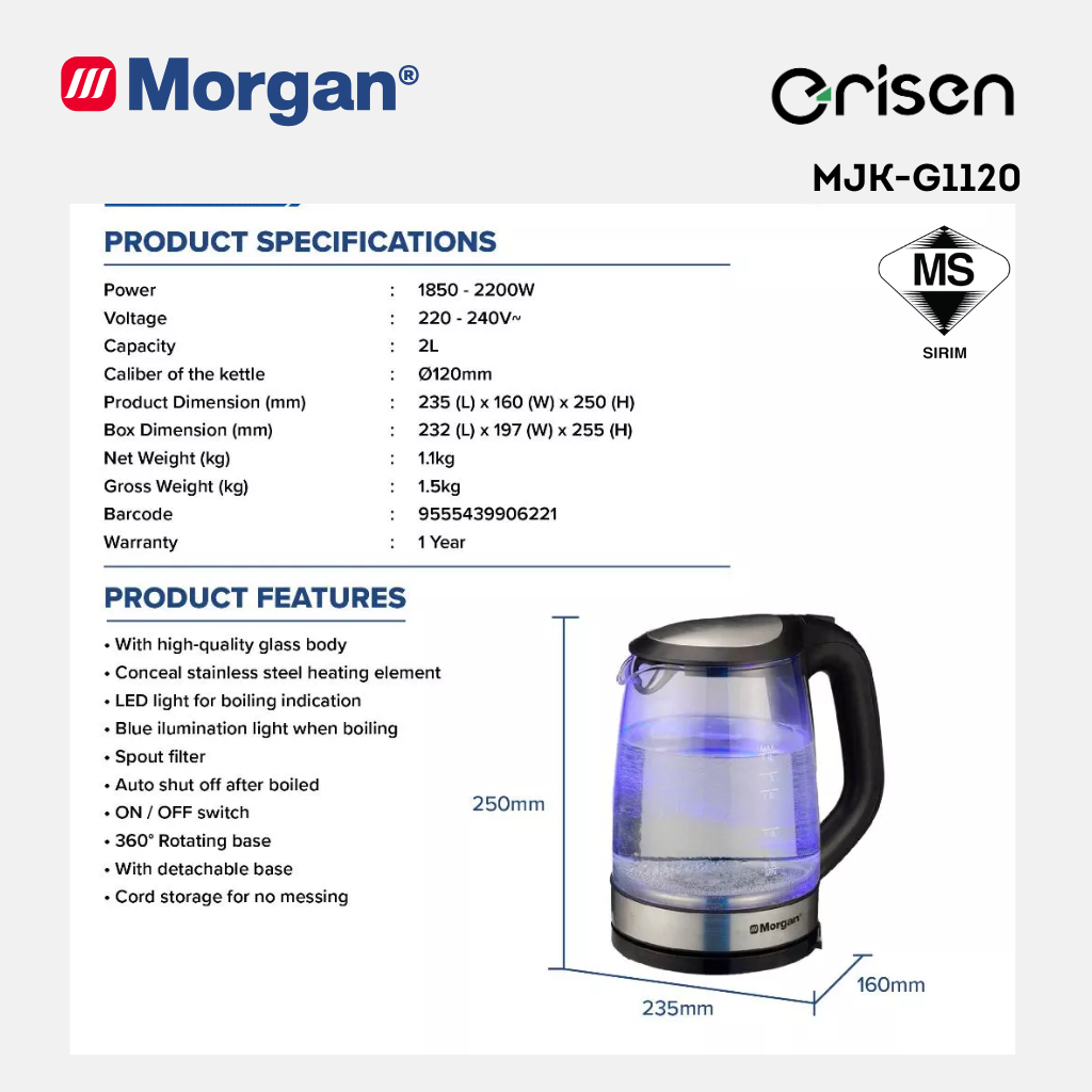 Morgan Electric Glass Jug Kettle (2L) MJK-G1120