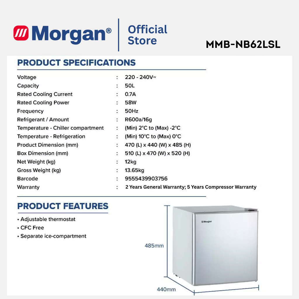 Morgan Single Door Mini Bar Fridge (50L) MMB-NB62LSL