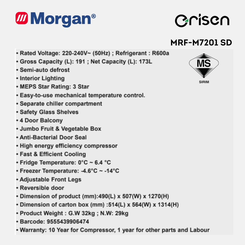 Morgan Refrigerator Single Door (191L) MRF-M7201 SD