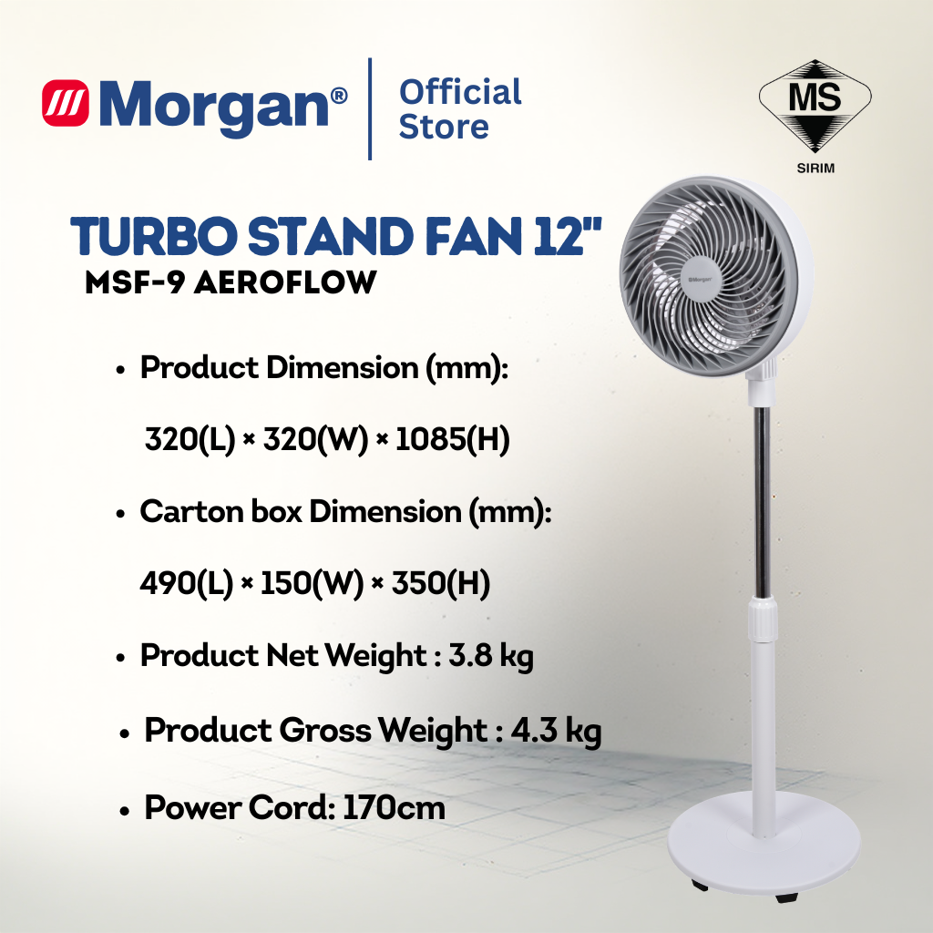 Morgan Turbo Air Circulation Stand Fan (12") MSF-9 AEROFLOW | NEW ARRIVAL