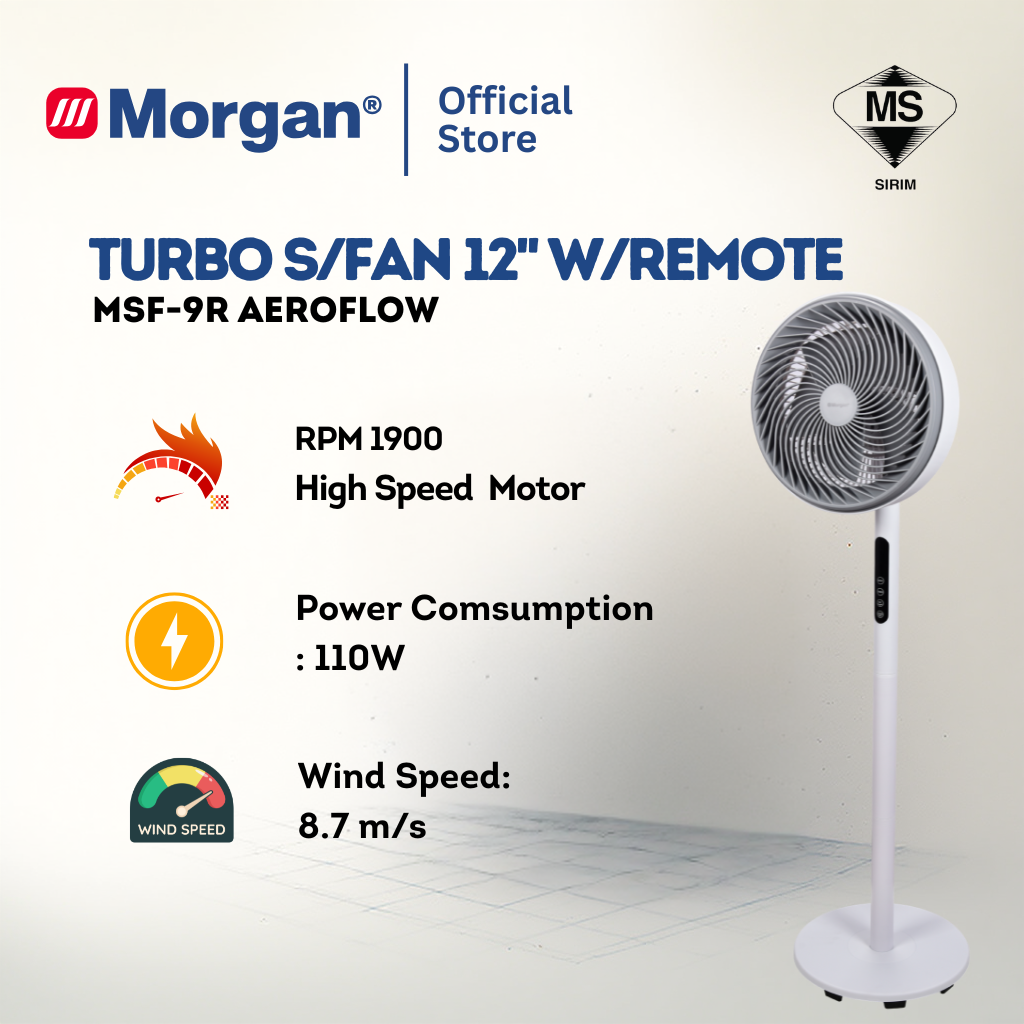 Morgan Turbo Air Circulation Stand Fan with Remote (12") MSF-9R AEROFLOW | NEW ARRIVAL