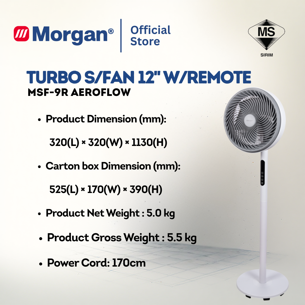 Morgan Turbo Air Circulation Stand Fan with Remote (12") MSF-9R AEROFLOW | NEW ARRIVAL