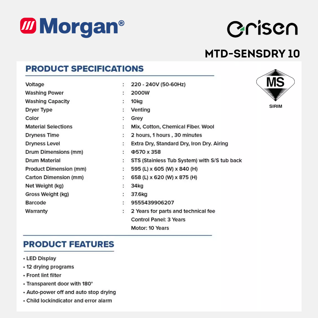 Morgan Clothes Dryer (10kg) MTD-SENSDRY 10