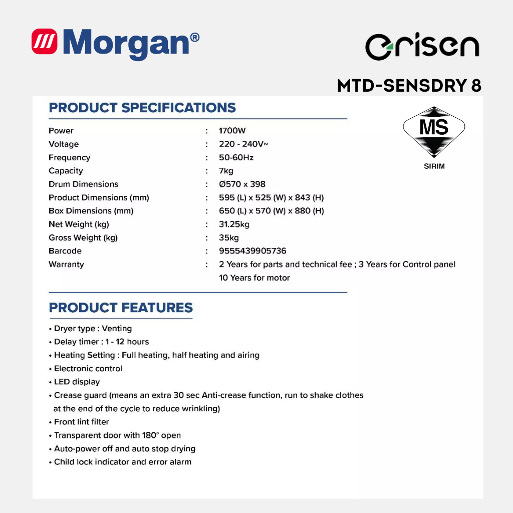 Morgan Clothes Dryer (7kg) MTD-SENSDRY 8