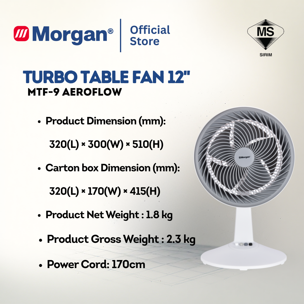 Morgan Turbo Air Circulation Table Fan (12") MTF-9 AEROFLOW | NEW ARRIVA