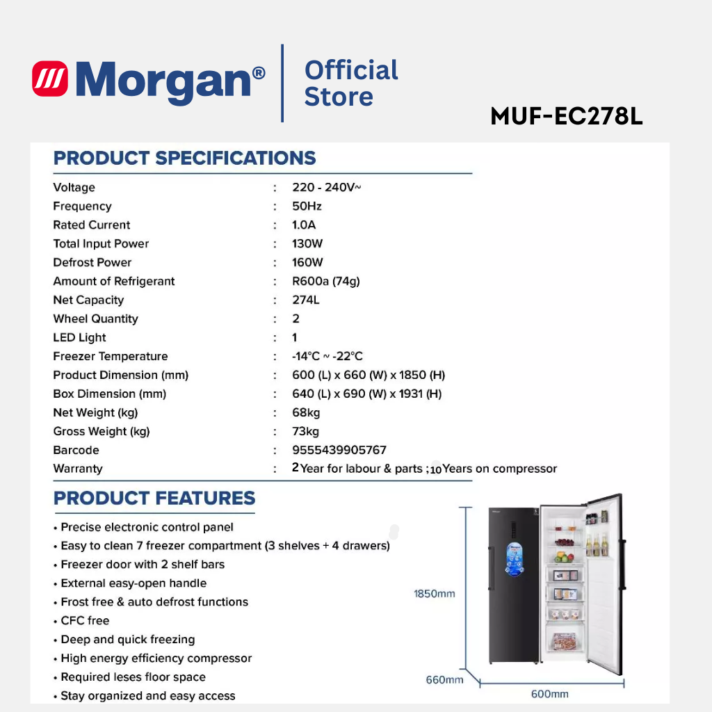 Morgan Upright Freezer (272L) MUF-EC278L