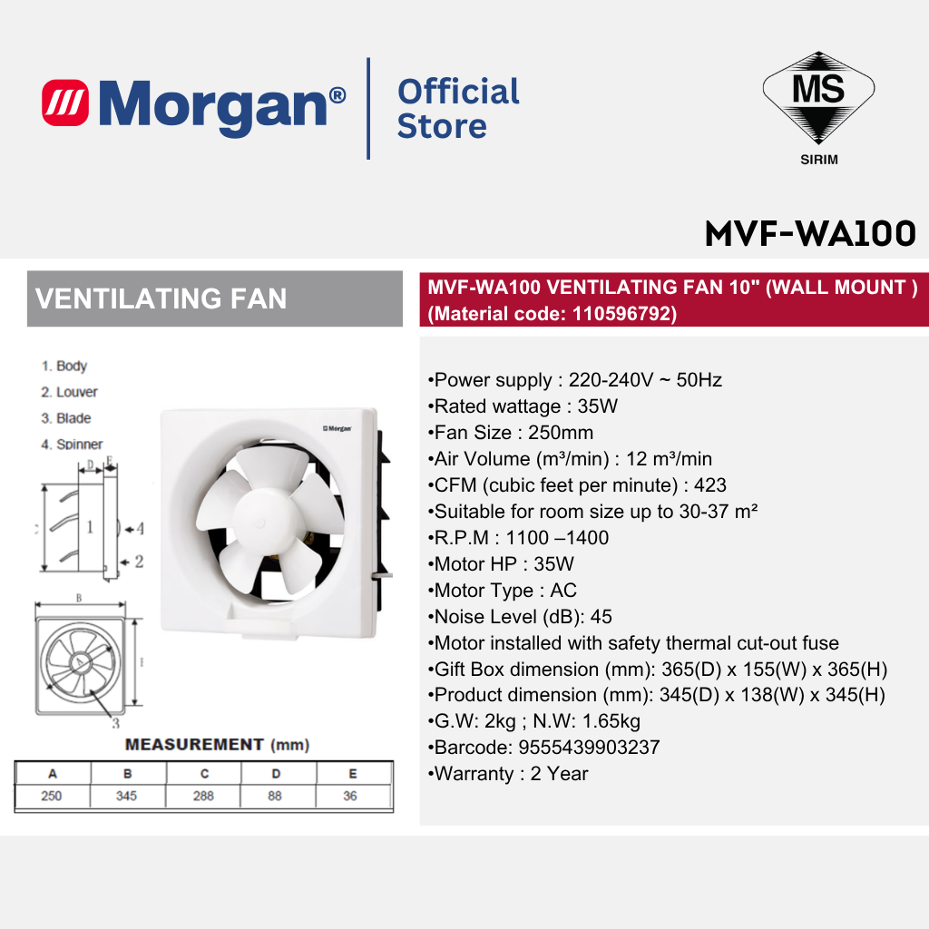 Morgan Low-Noise Wall Mounted Ventilation Fan (8"/10"/12") MVF-WA80/100/120