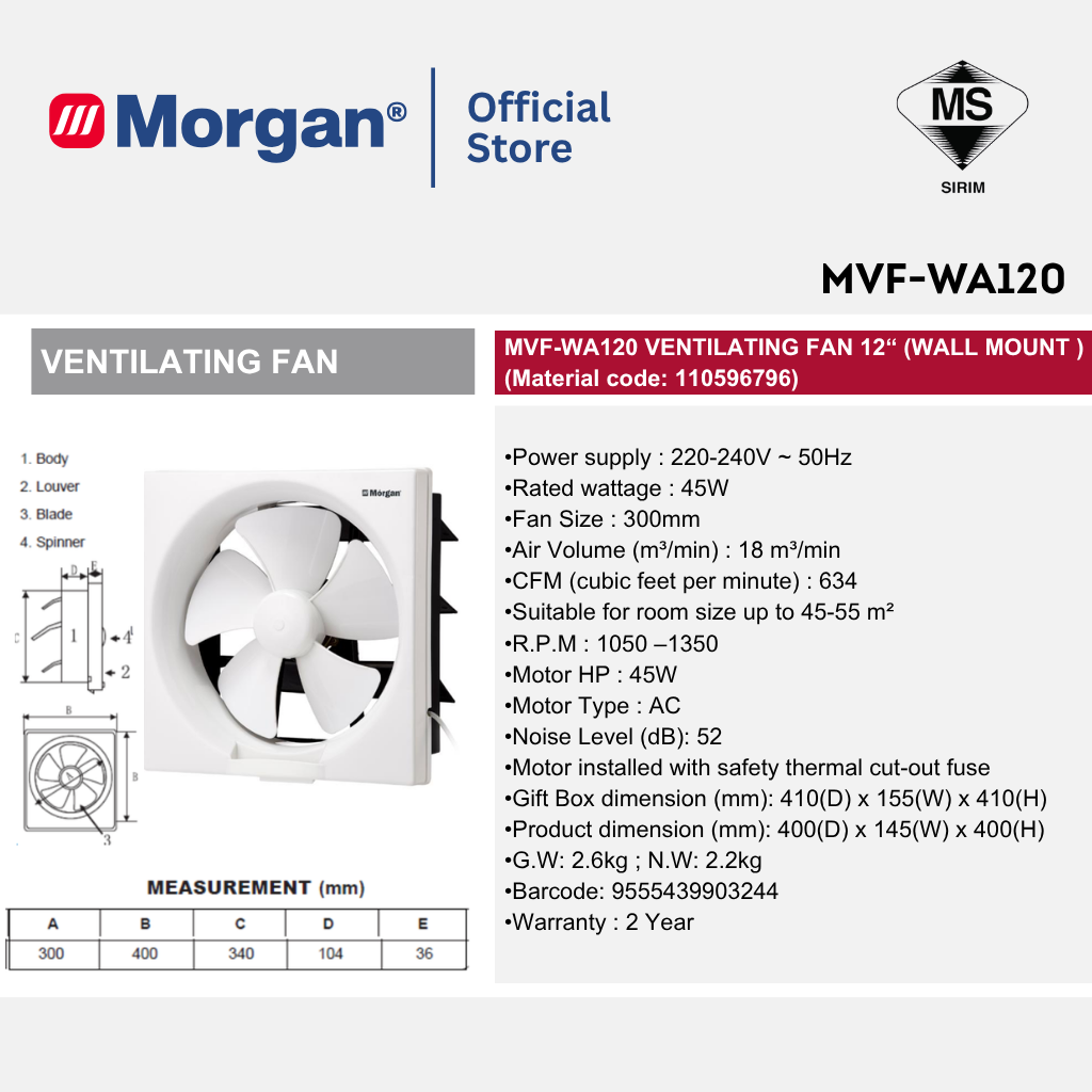 Morgan Low-Noise Wall Mounted Ventilation Fan (8"/10"/12") MVF-WA80/100/120