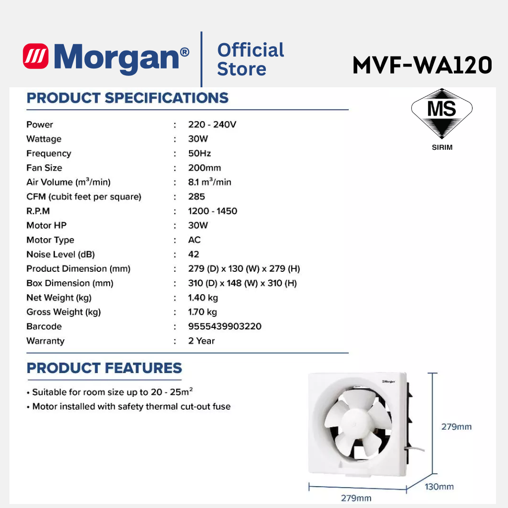 Morgan Low-Noise Wall Mounted Ventilation Fan (8"/10"/12") MVF-WA80/100/120