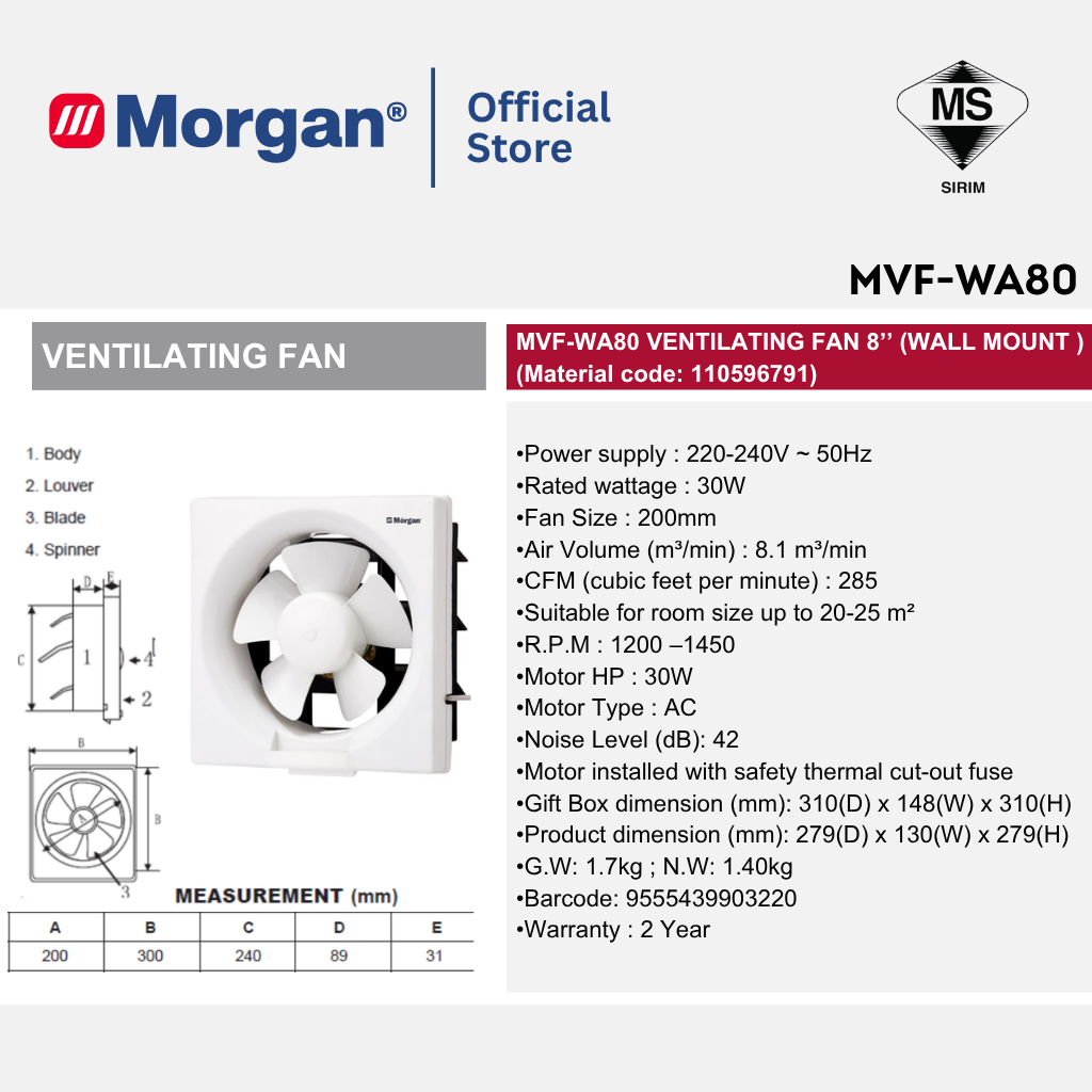 Morgan Low-Noise Wall Mounted Ventilation Fan (8"/10"/12") MVF-WA80/100/120