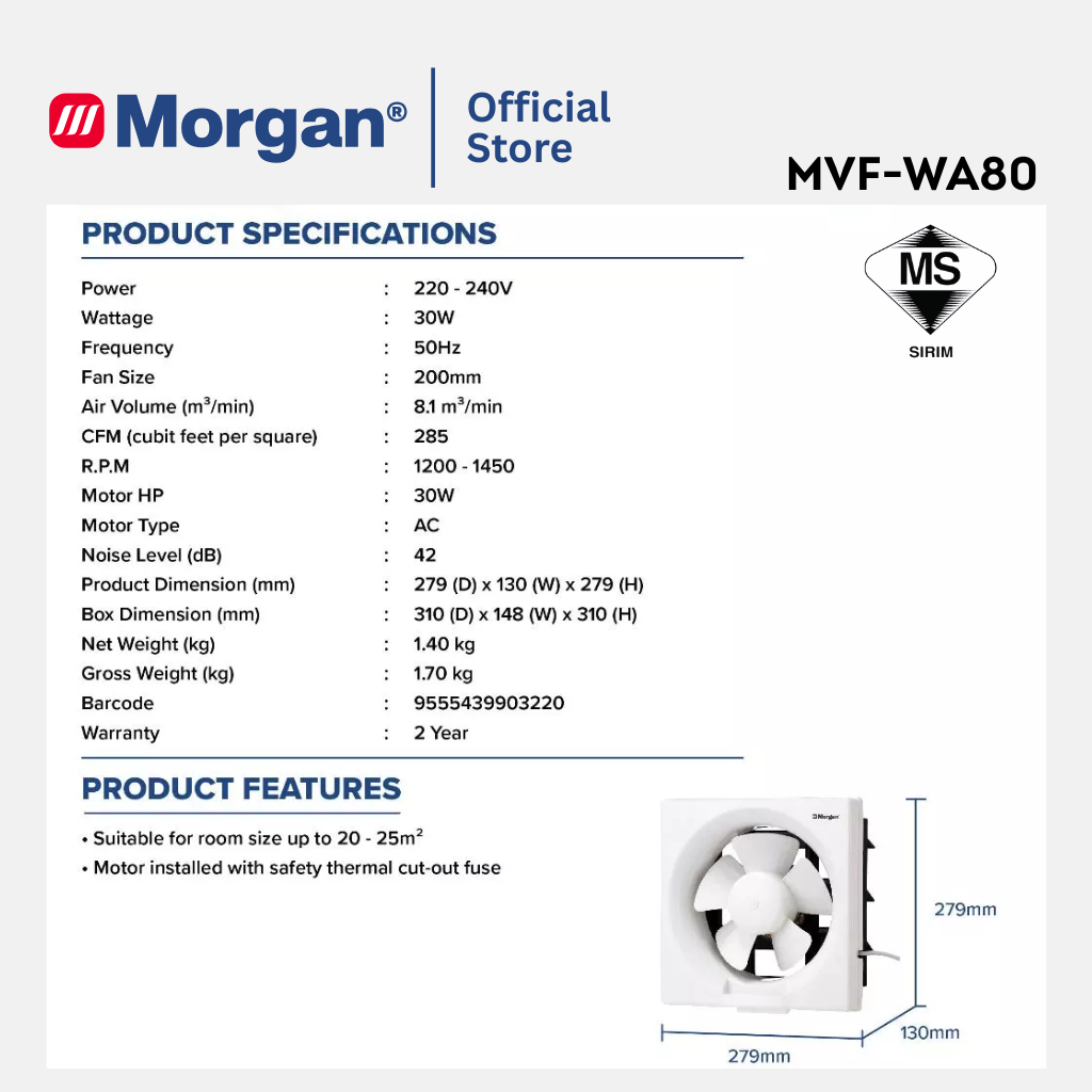 Morgan Low-Noise Wall Mounted Ventilation Fan (8"/10"/12") MVF-WA80/100/120