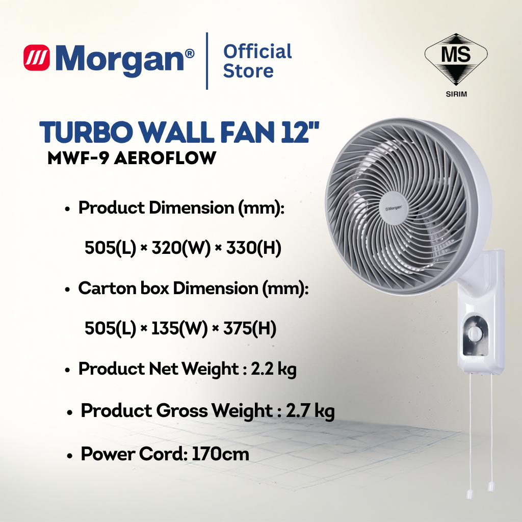 Morgan Turbo Air Circulation Wall Fan (12") MWF-9 AEROFLOW | NEW ARRIVAL
